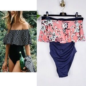 Boho Floral Off The Shoulder One Piece Swimsuit 12 Pink Navy Beach SUN STREAK